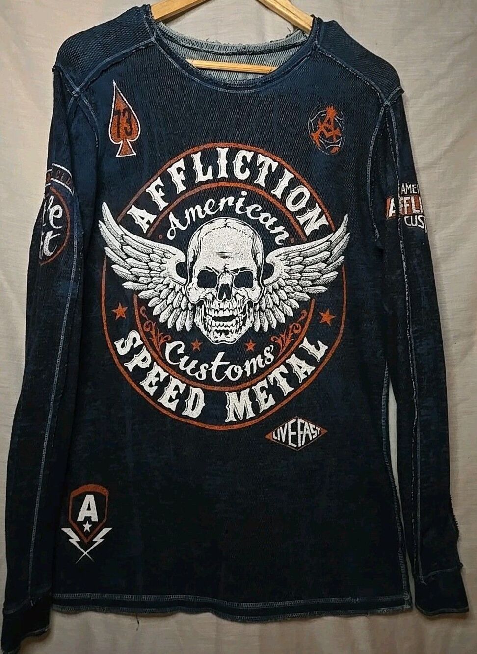 Affliction Reversible Thermal Long Sleeve Shirt Live Fast Blue Mens Large